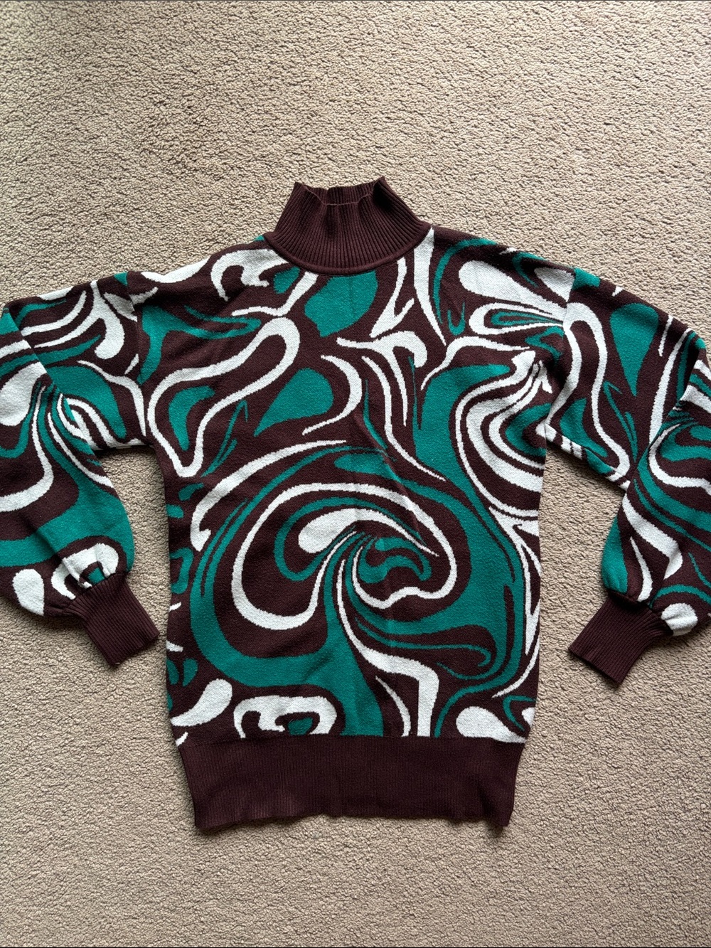 Heartbreak ASOS Urban Outfitters Teal, Brown & White Swirl Turtleneck Sweater
